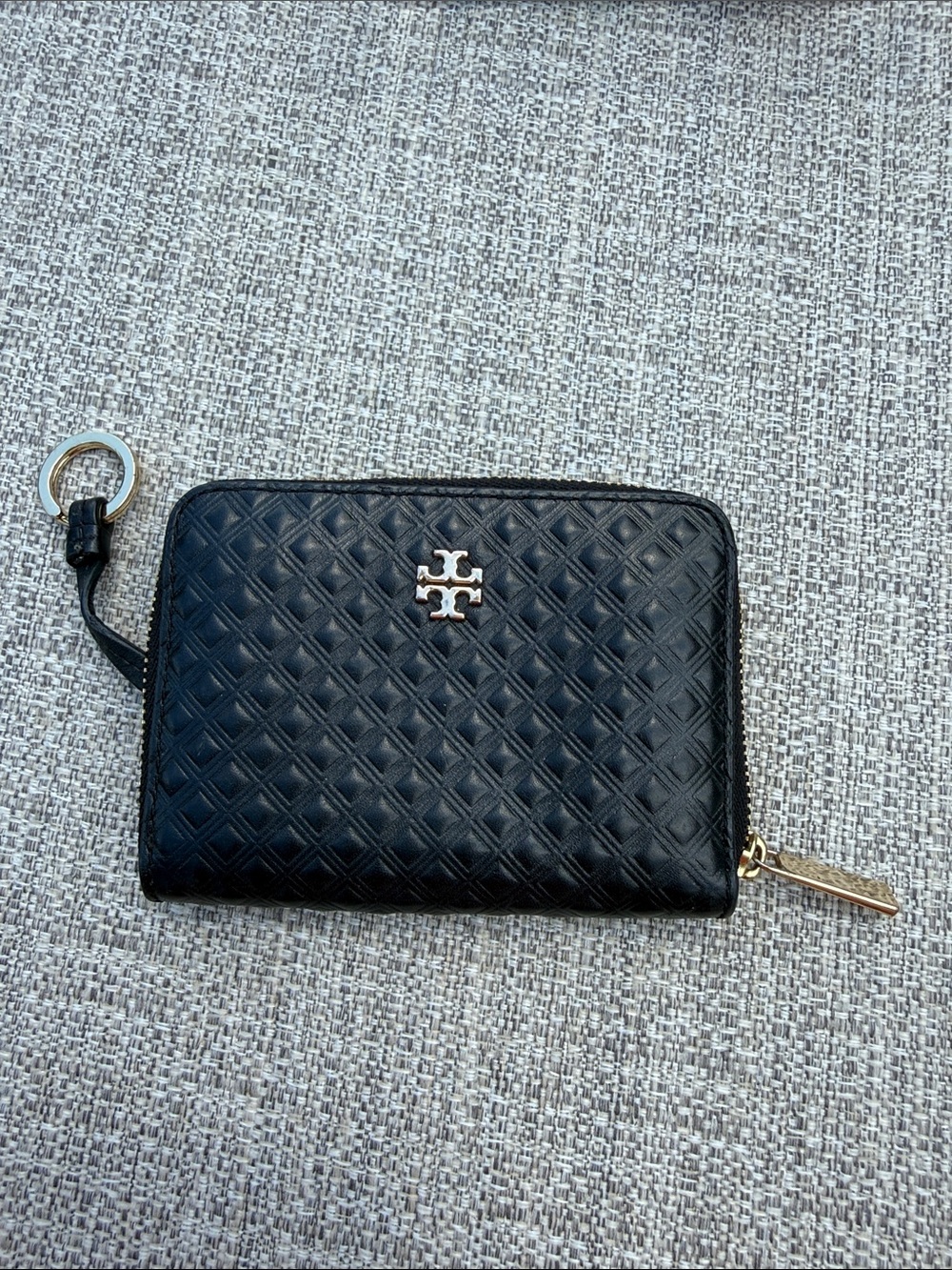 Tory Burch Black Quilted Zip Card Wallet with Gold Hardware